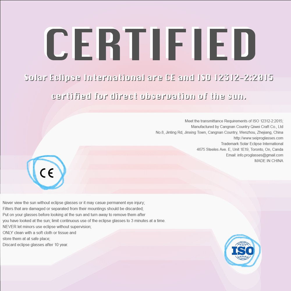 SEIC Plastic Solar Eclipse Glasses, CE and ISO Certified Eclipse Shade for Direct Sun Viewing (Bonus 3 Paper Glasses) solar eclipse glasses Solar Eclipse International